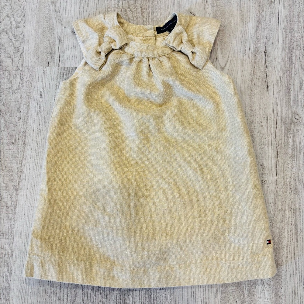 Tommy Hilfiger Gold Linen Toddler Dress with Bows 2T